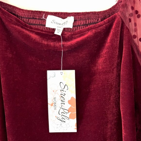 NWT Burgundy 2X Velvet Blouse Sheer Swiss Dot Sleeves Smocked Back Siren Lily - Picture 8 of 12